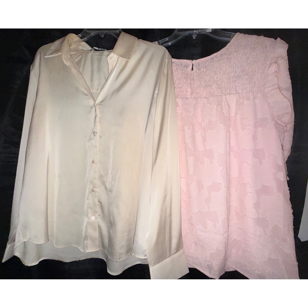 Women's Blouse Lot Size Large Maison d'Amélie Satin + Dokotoo Pink Ruffle Top